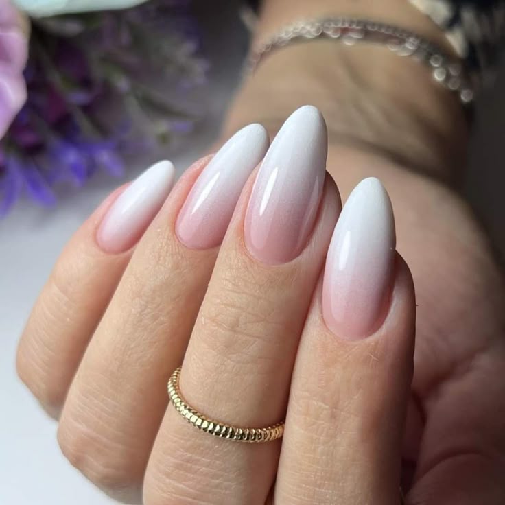 Sheer Pink to White Ombre Glossy Medium Almond Sheer Pink to White Ombre Glossy Medium Almond — Winter Nail Colors for Women Over 70