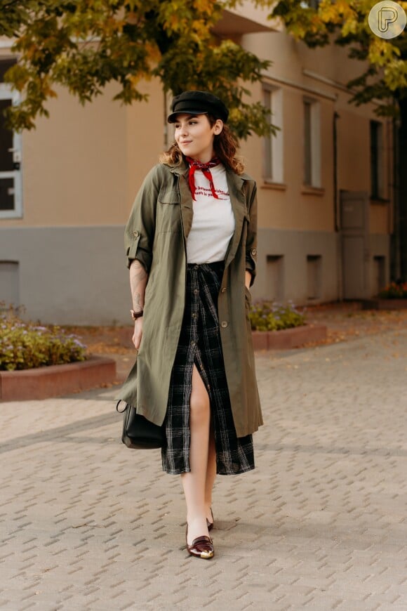 Khaki Long Coat Over Plaid Midi Skirt — Long Coat Outfits