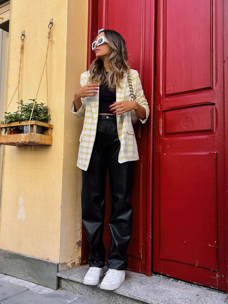 Casual Black Leather Pants with a Plaid Blazer and White Sneakers — Leather Pants Outfits