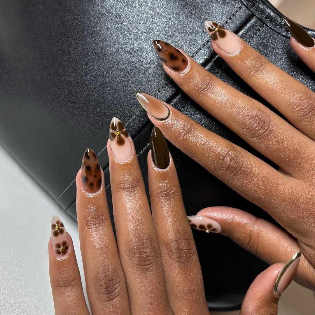 Abstract Leopard Print with Gold Foil Long Almonds — Mocha Nails
