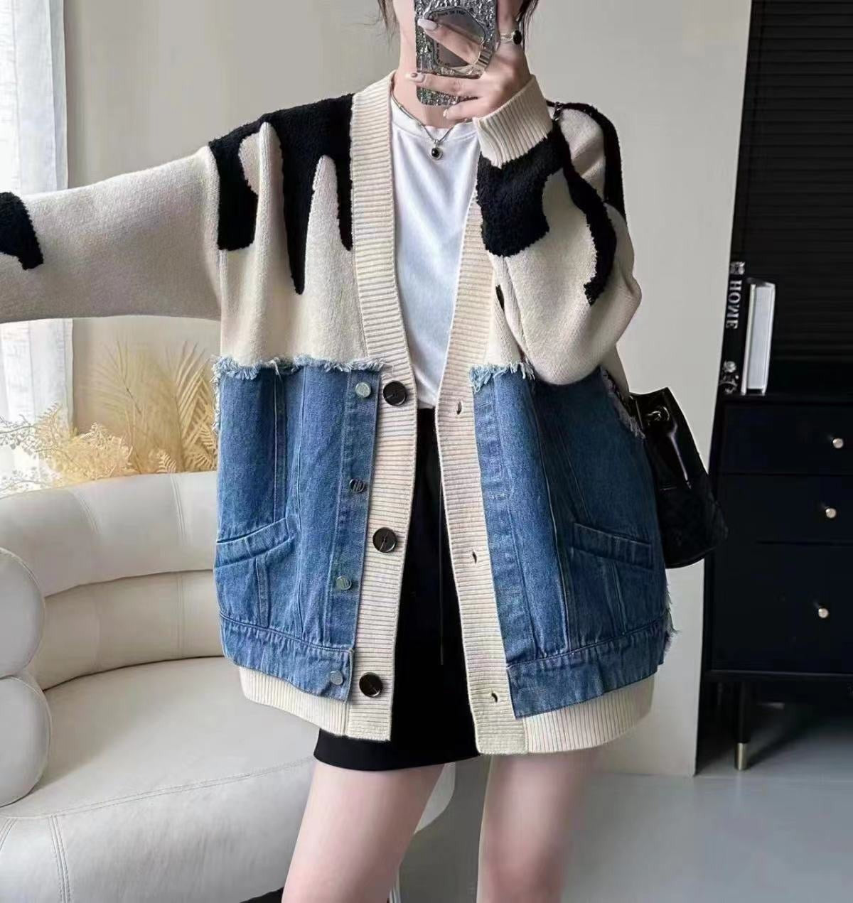 Denim and Knit Combination Cardigan for a Unique Layer — Korean Winter Outfits