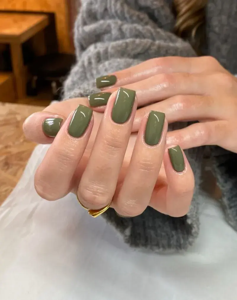 Medium Square Olive Green Glossy Nails — Everyday Winter Nails