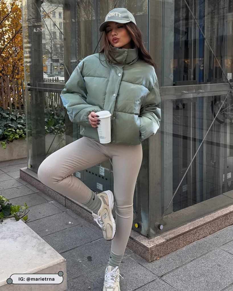 Oversized Sage Green Puffer Jacket with Beige Leggings and Sneakers — Parka Outfits