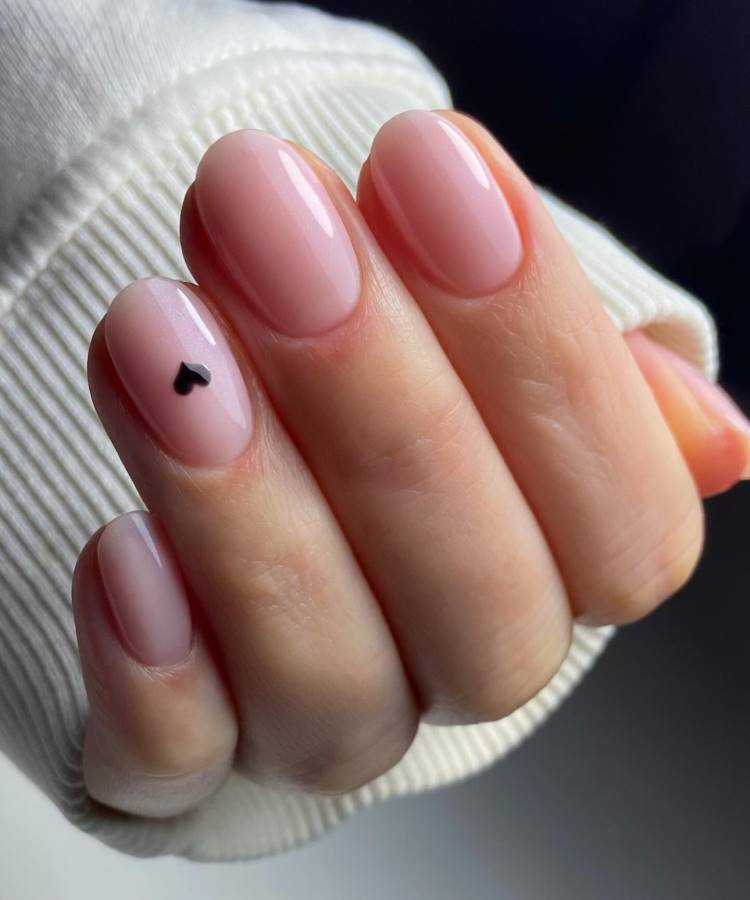Milky Pink with Tiny Black Heart Accent — Winter Pink Nails