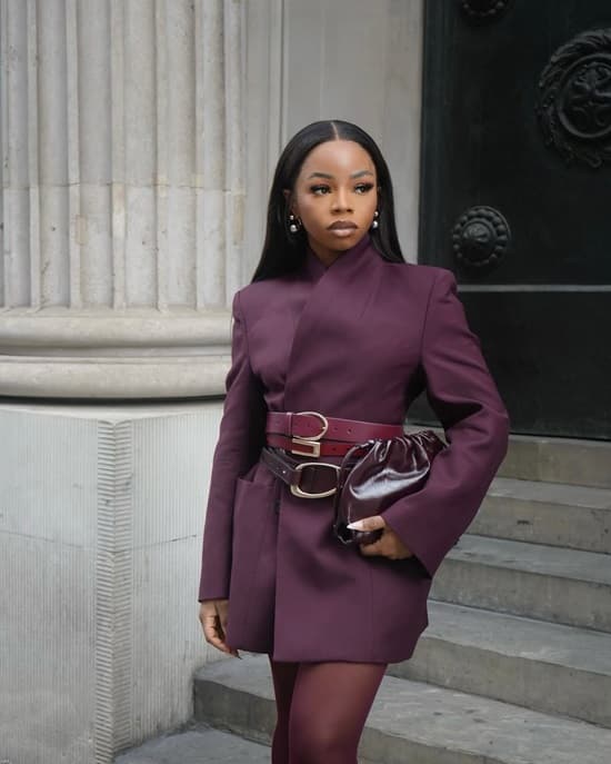 Structured Blazer Dress with Statement Belt and Tights — Burgundy Outfits