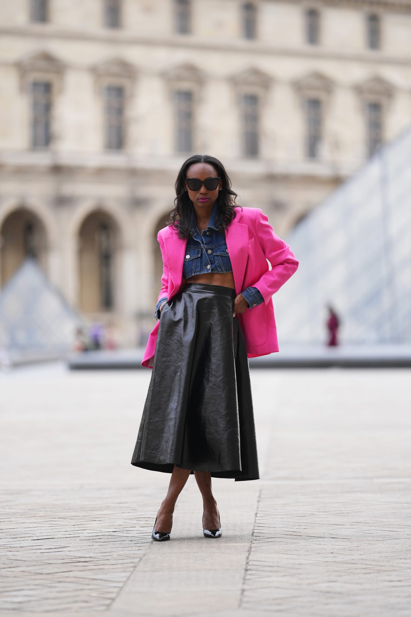 Black Leather Midi Skirt with Denim and a Pink Blazer — Leather Skirt Outfits
