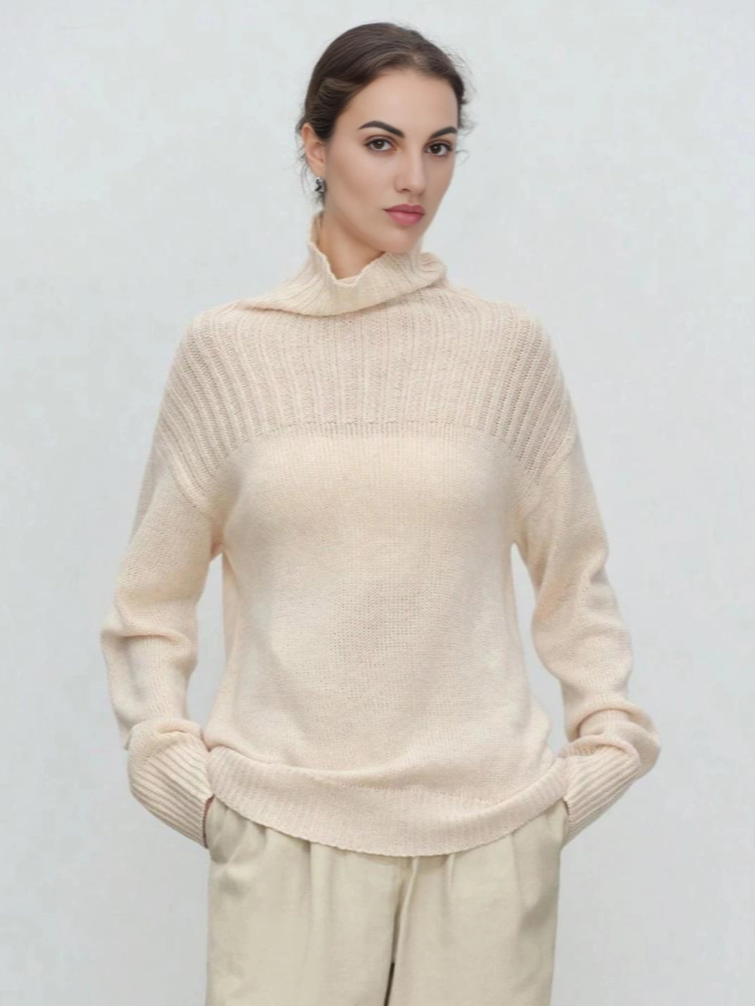 Textured Cream Turtleneck Sweater for Loungewear — Turtleneck Outfits