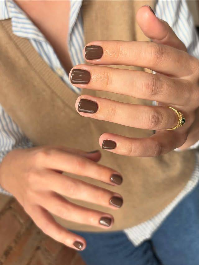 Glossy Medium Brown Short Square Nails Glossy Medium Brown Short Square Nails — Natural Winter Nails