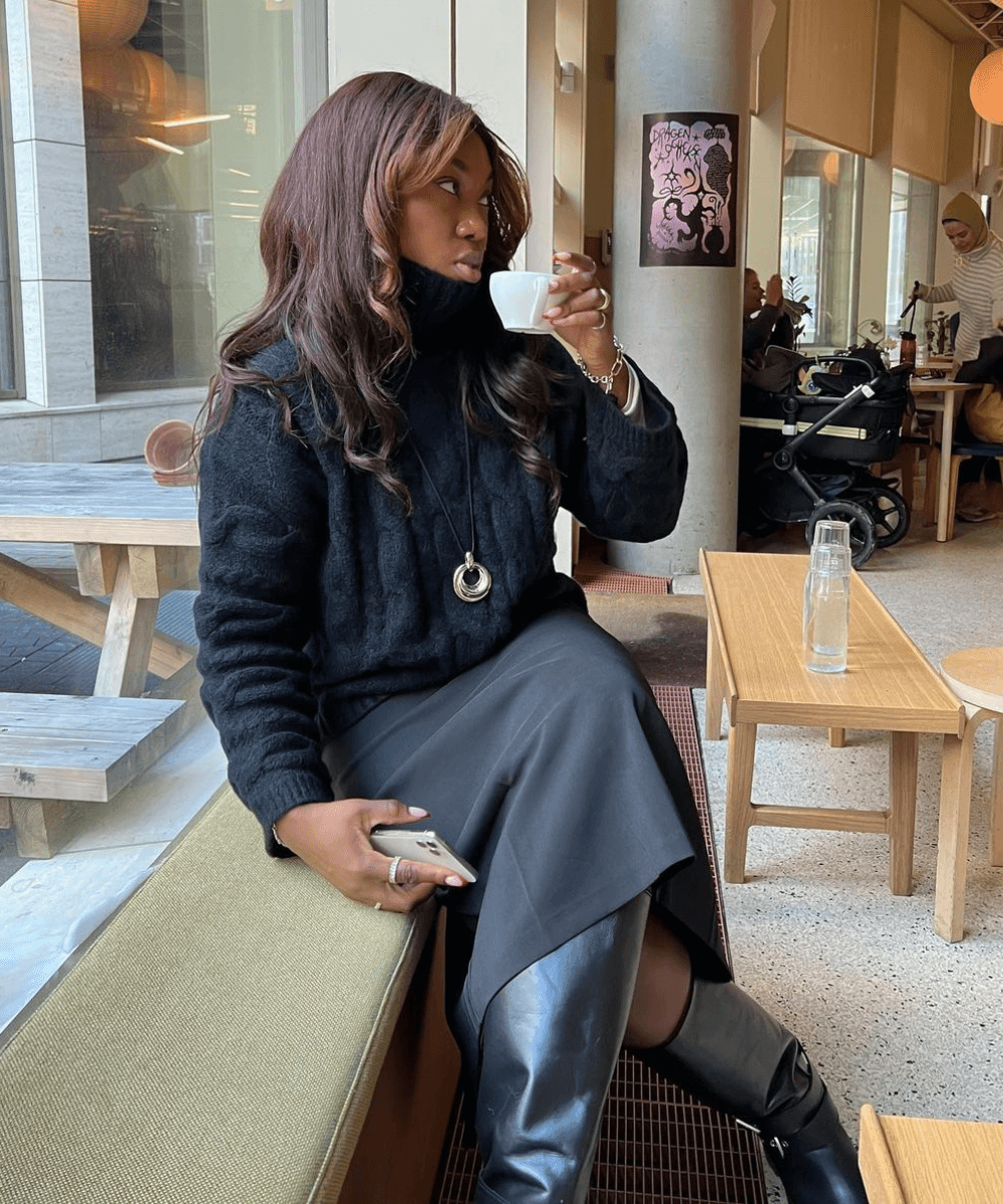 Gold Satin Midi Skirt with Cable Knit Turtleneck and Knee-High Boots — Winter Skirt Outfits