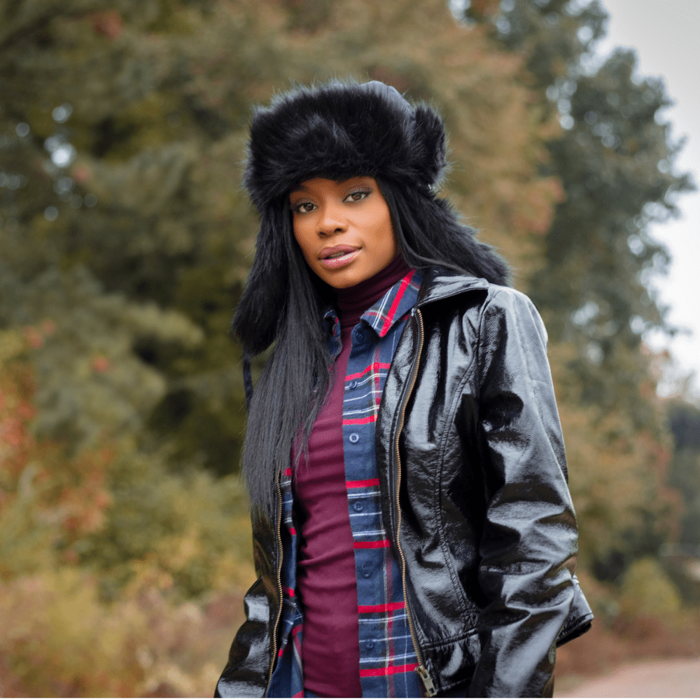 Black Ushanka Hat with Patent Jacket and Plaid Shirt — Fur Hat Outfits