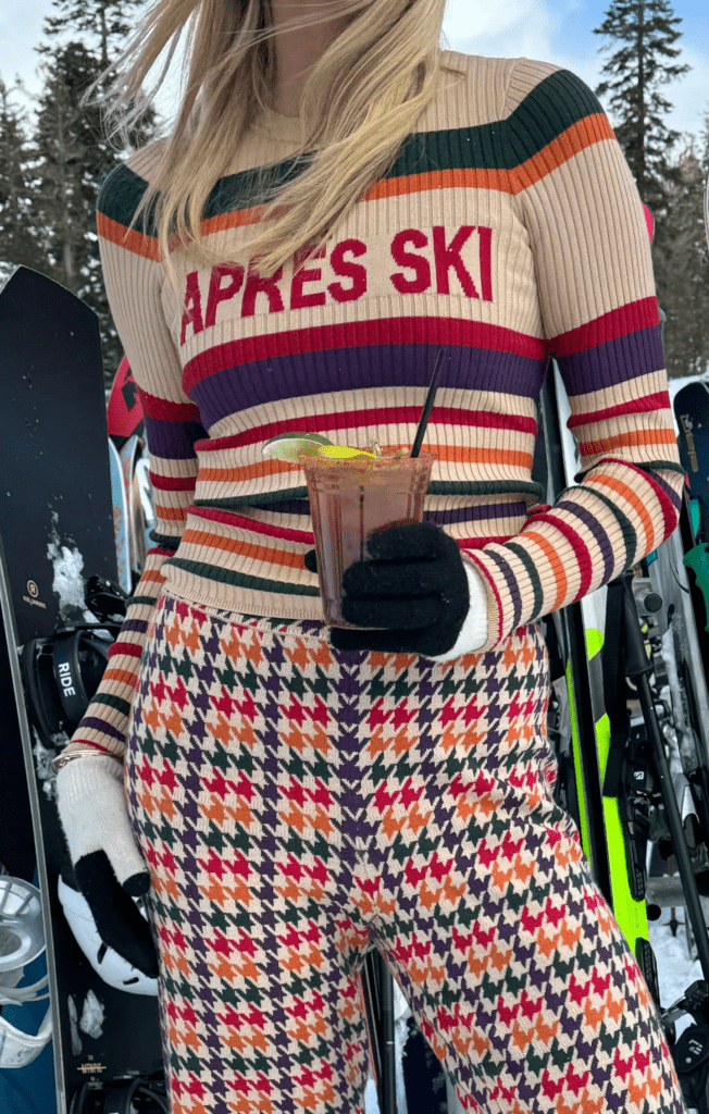 'APRES SKI' Text Sweater and Patterned Pants for a Themed Outfit — Apres Ski Outfits
