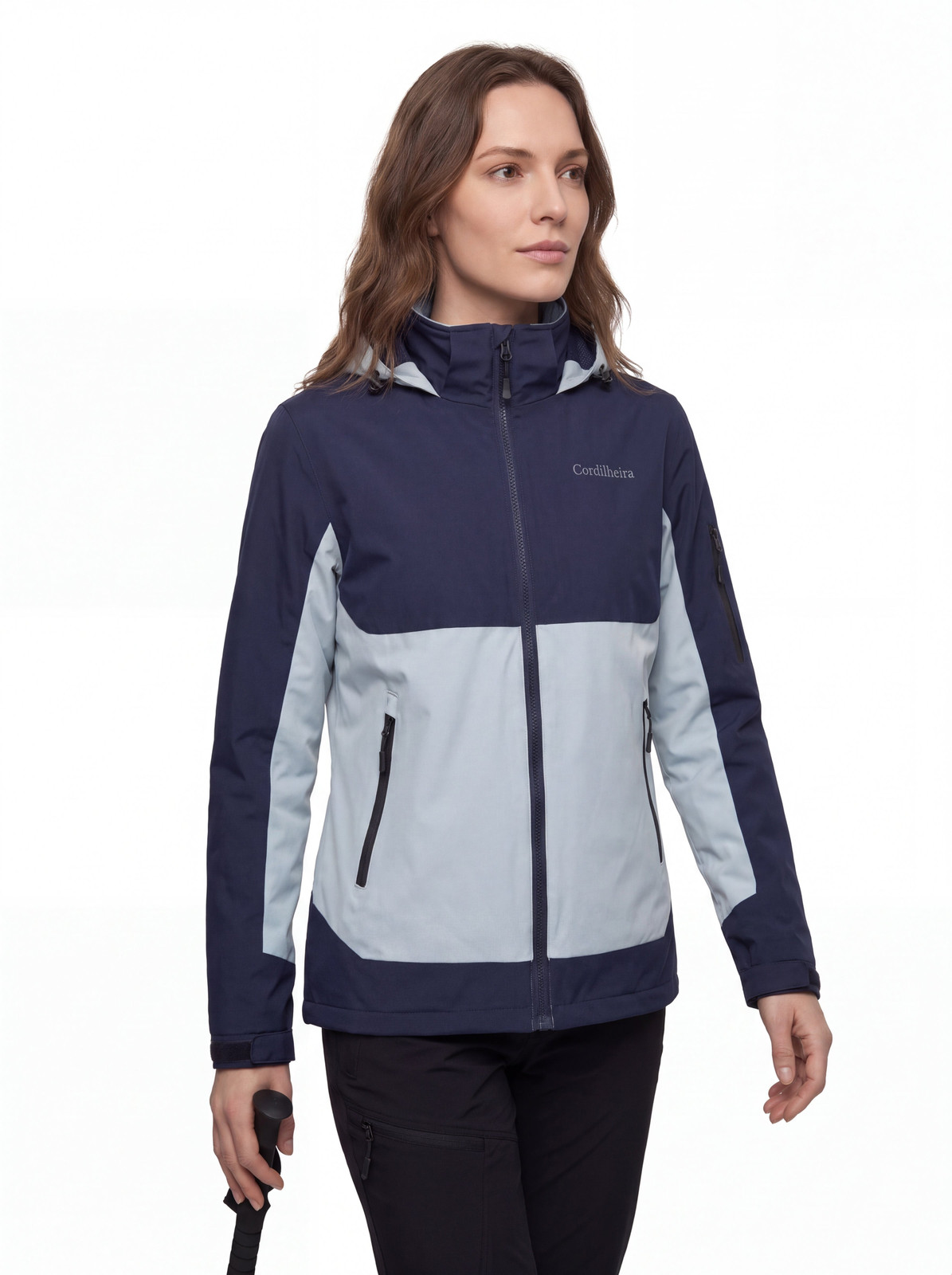 Color-Blocked Navy and Light Blue Hiking Jacket — Winter Hiking Outfits