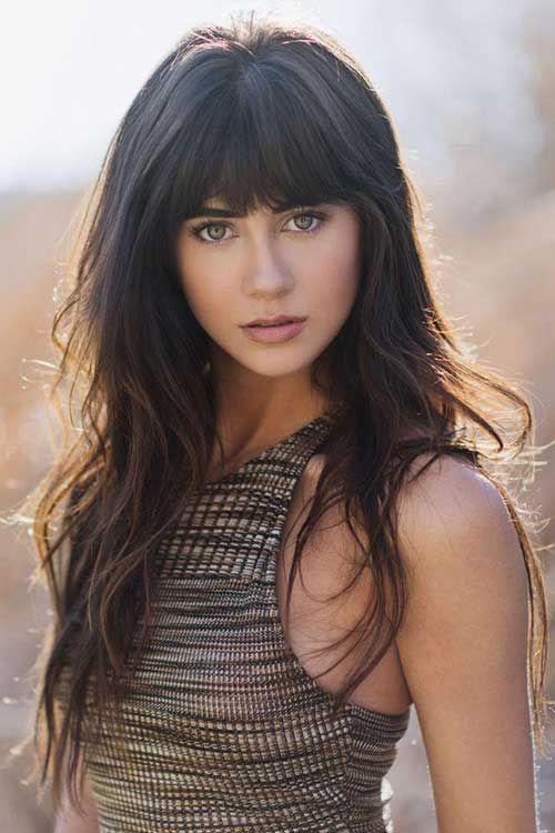 Long Dark Brown Waves with Curtain Bangs Long Dark Brown Waves with Curtain Bangs — Winter Haircuts with Curtain Bangs