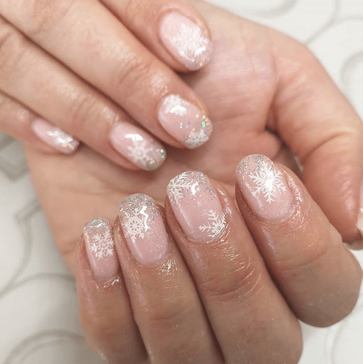 Both Hands Close-Up Visual Idea — Snowflake Nails