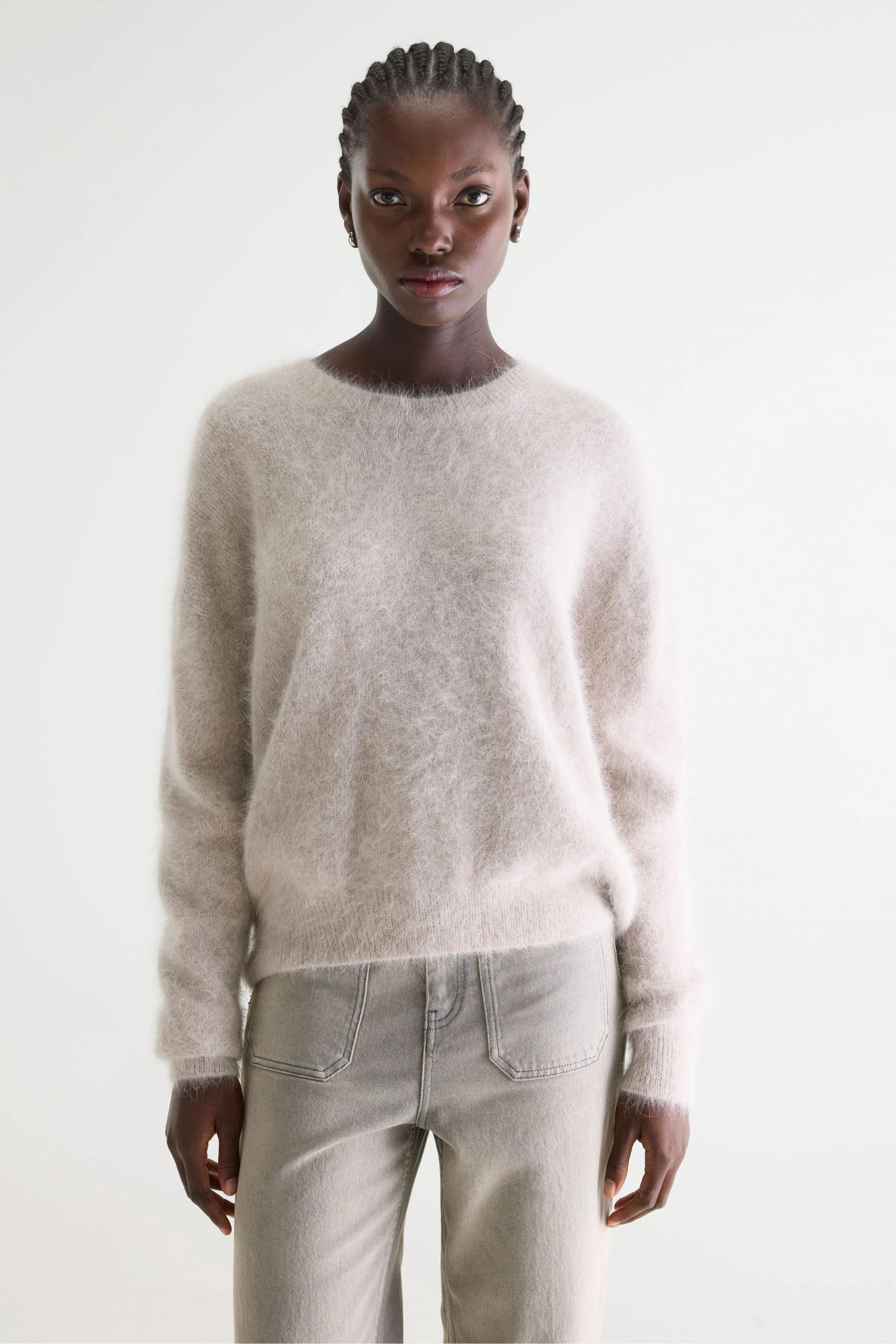 Grey Angora Sweater with Light Grey Denim — Oversized Sweater Outfits