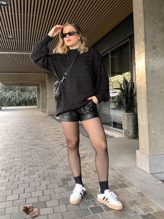 Black Knit Sweater with Faux Leather Shorts and Sheer Tights Black Knit Sweater with Faux Leather Shorts and Sheer Tights — Dressy Winter Outfits