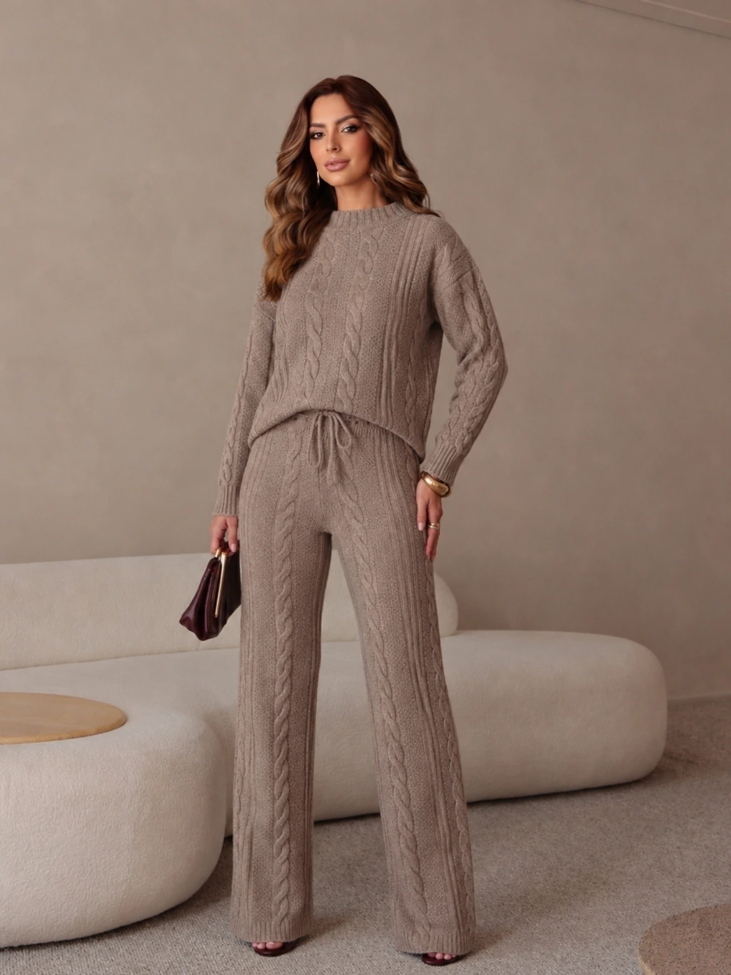 Beige Cable Knit Loungewear Set — Modest Winter Outfits