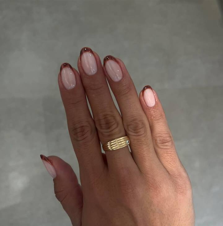 Sheer Nude Dark Brown French Almond Nails — Short Winter Almond Nails
