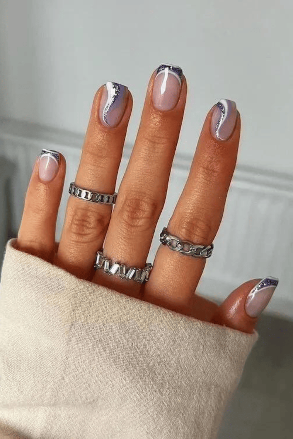 Sheer Pink with Silver Glitter French Tips — Short Winter Gel Nails