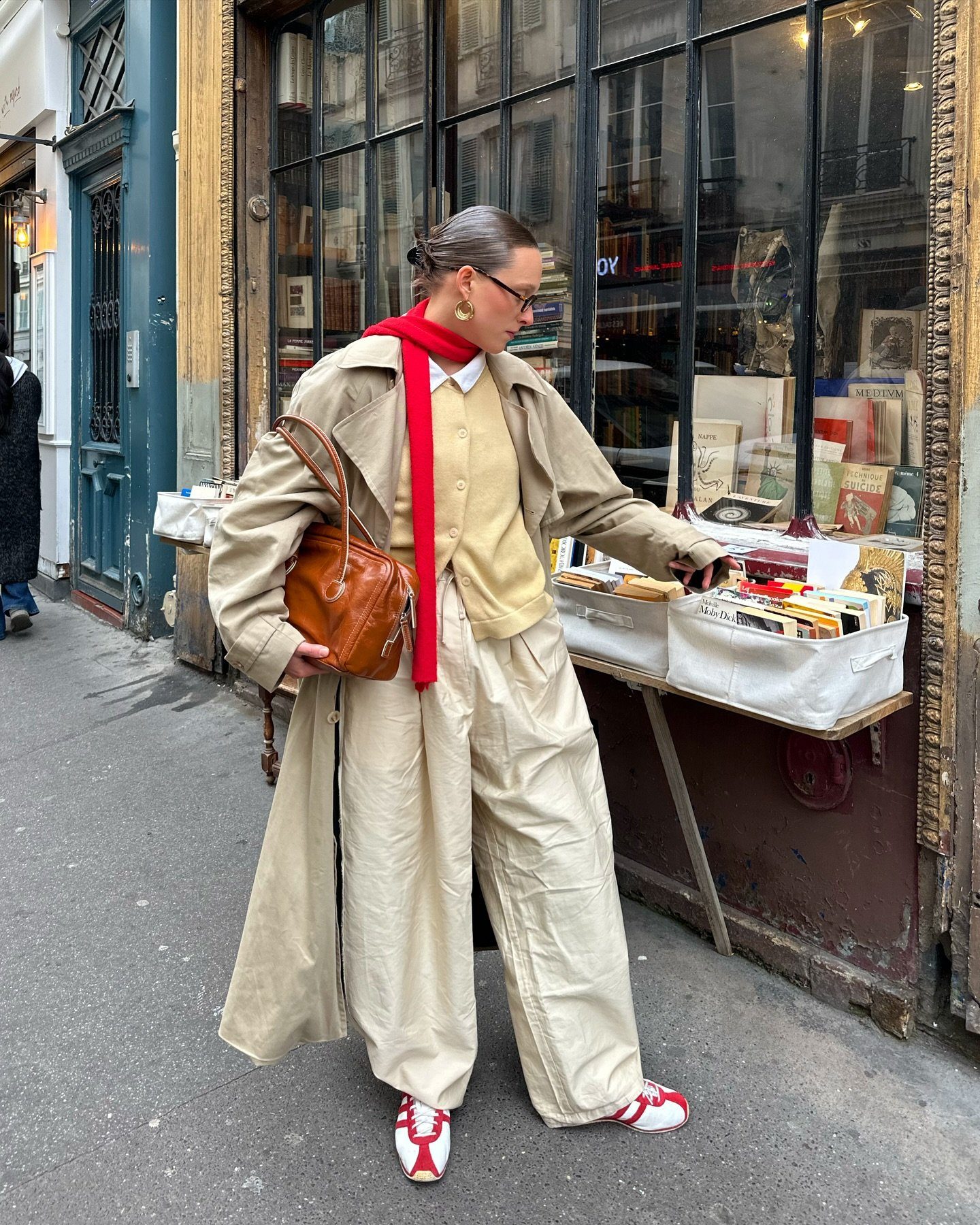 Classic Beige Trench Coat with Bold Red Scarf — Cold Weather Outfits