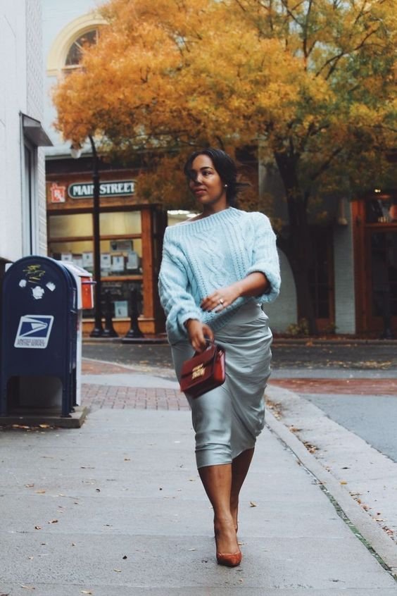 Light Blue Cable Knit Sweater with Silver Satin Skirt Light Blue Cable Knit Sweater with Silver Satin Skirt — Sweater Outfits