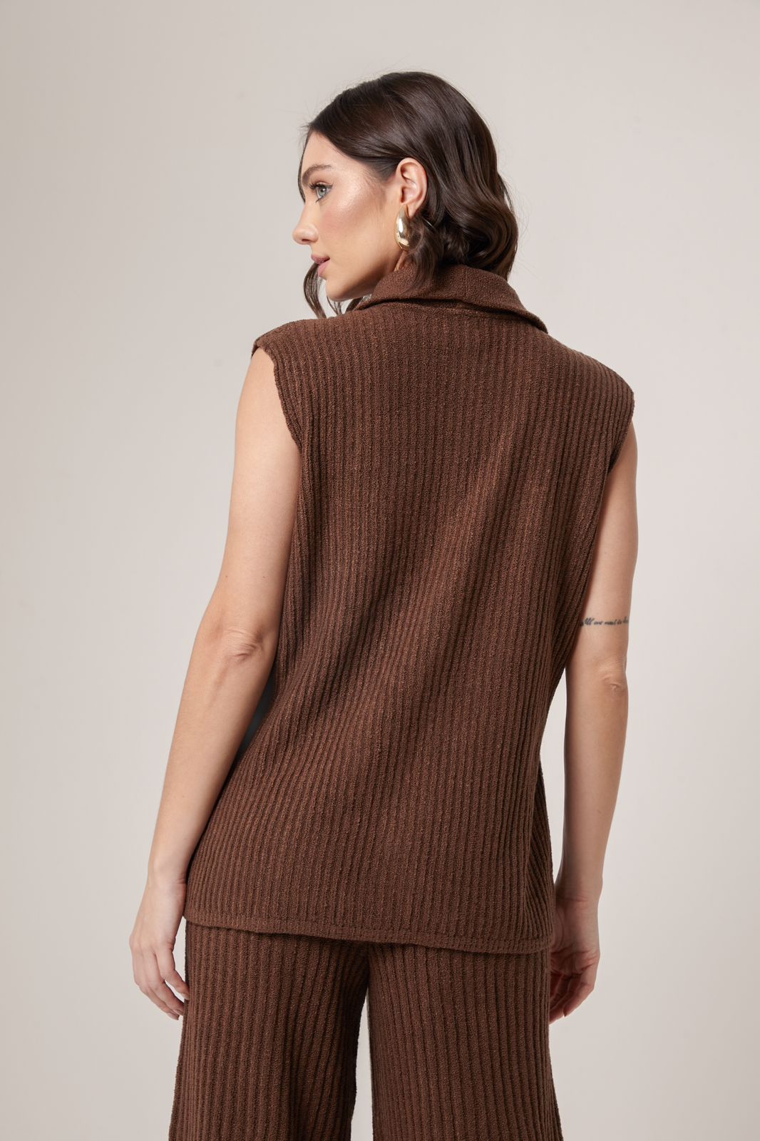 Brown Ribbed Knit Sleeveless Set with Gold Hoops — Knit Set Outfits