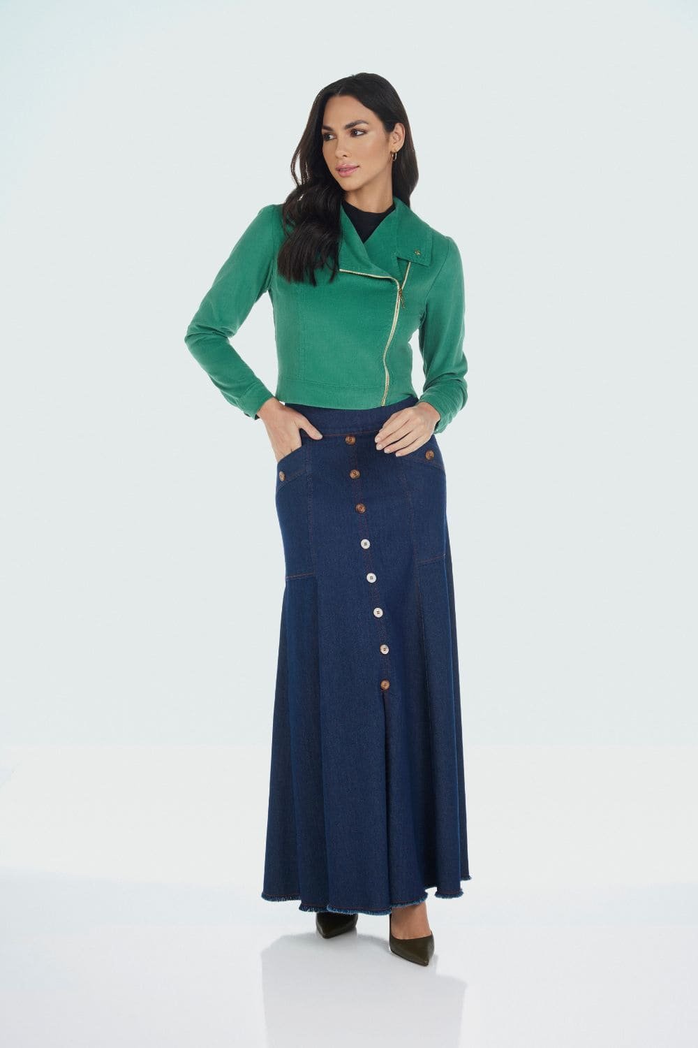 Denim Maxi Skirt with Cropped Jacket — Modest Winter Outfits