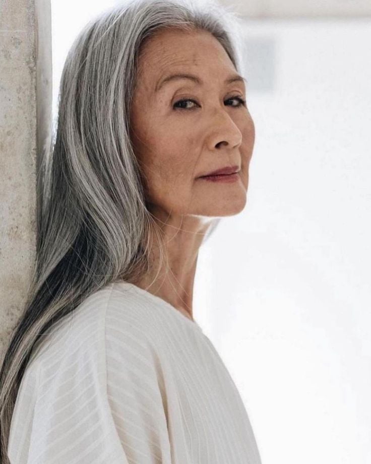 Long Layered Straight Grey Hair Long Layered Straight Grey Hair — Winter Hair Colors for Women Over 60