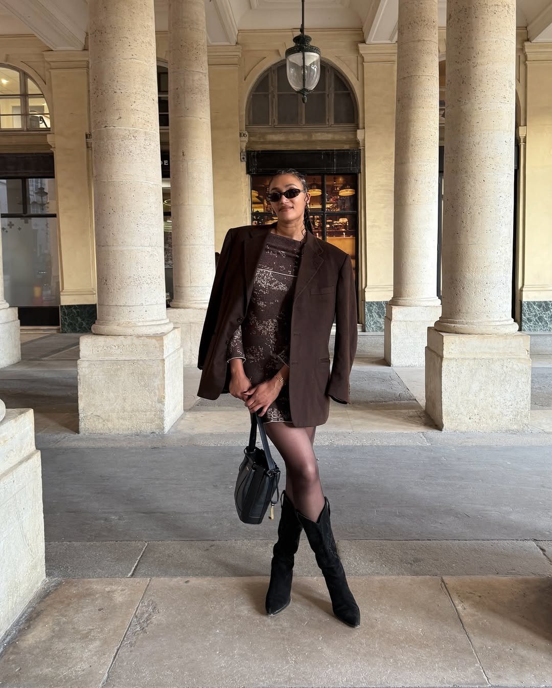 Evening Sparkle: Sequined Dress, Blazer, and Cowboy Boots — Ankle Boots Outfits