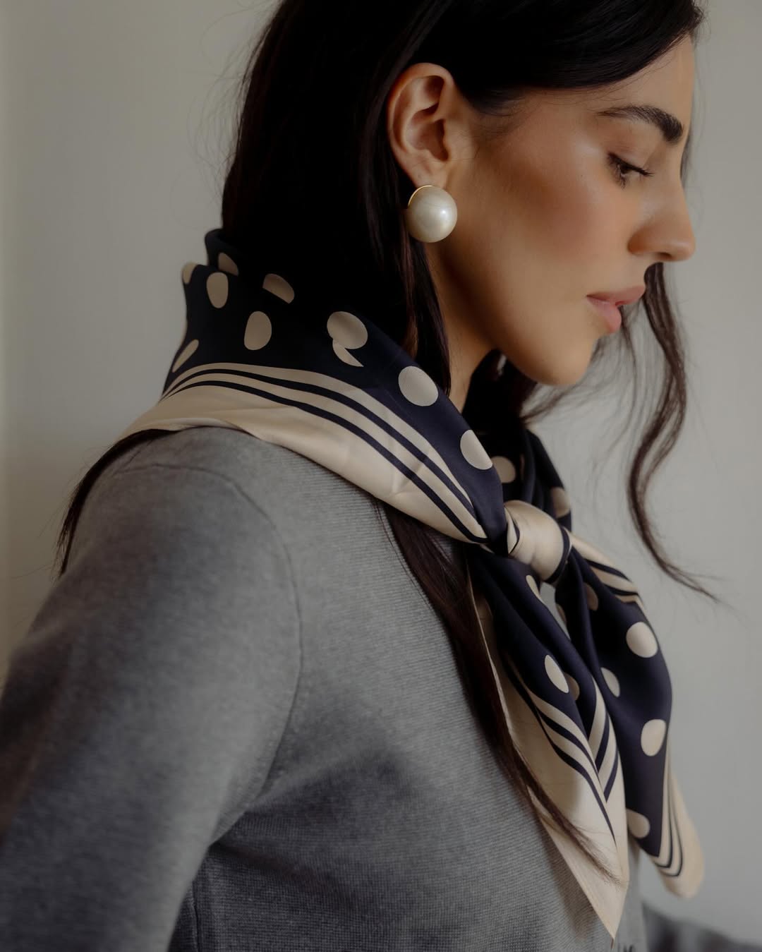 Large Pearl-Adorned Stud Earrings Outfit Idea — Scarf Outfits