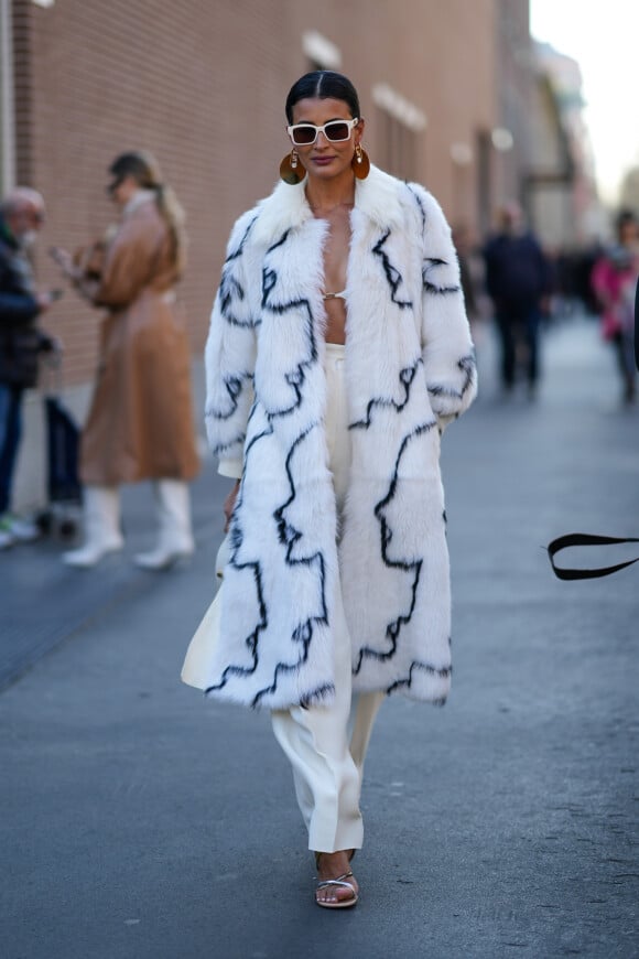 Bold Graphic Print Faux Fur Coat with Bikini Top and Trousers — Faux Fur Coat Outfits