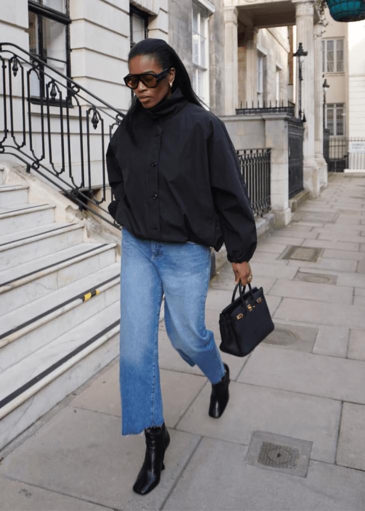 Voluminous Sleeve Jacket Over Wide-Leg Jeans for a Stylish Casual Date — Winter Date Night Outfits