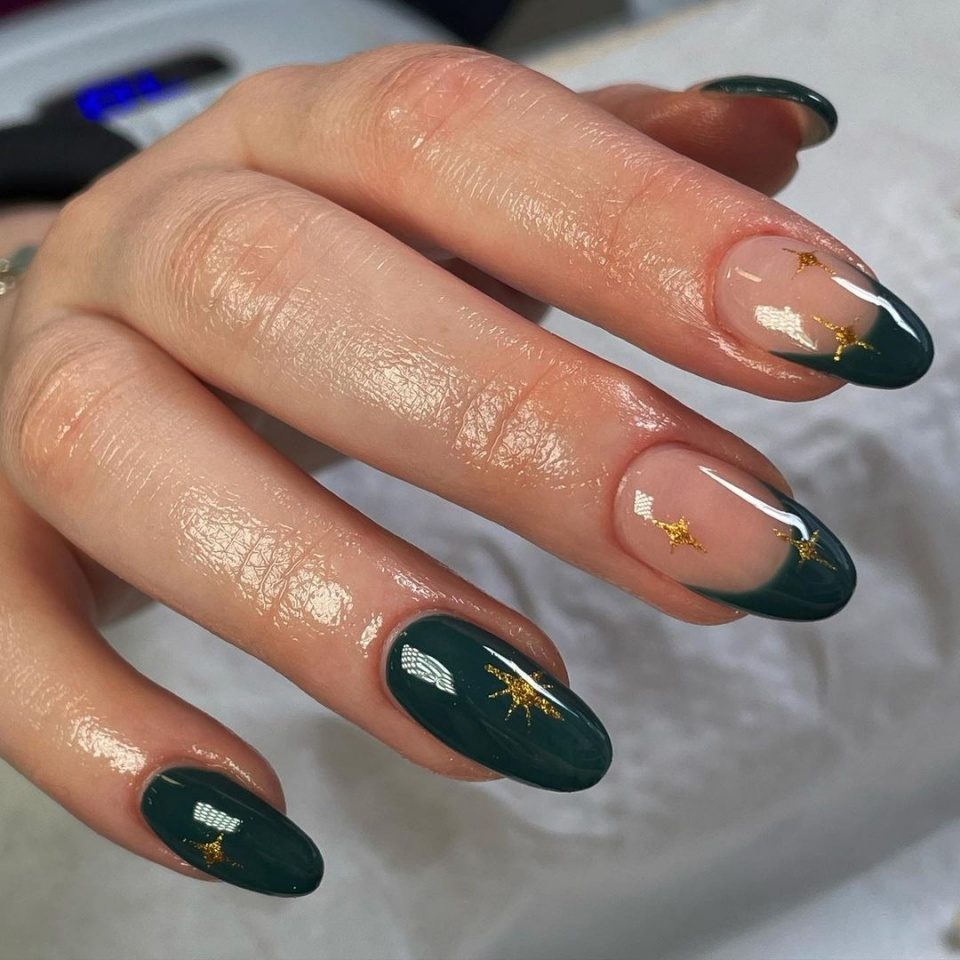 Short Green Gold Star French Nails — Winter Wonderland Nails