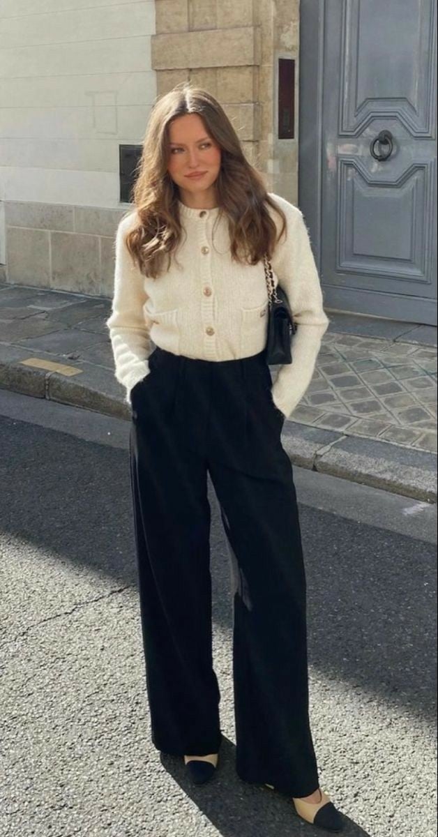 Cream Knit Cardigan and Black Trousers for Understated Elegance — Old Money Winter Outfits