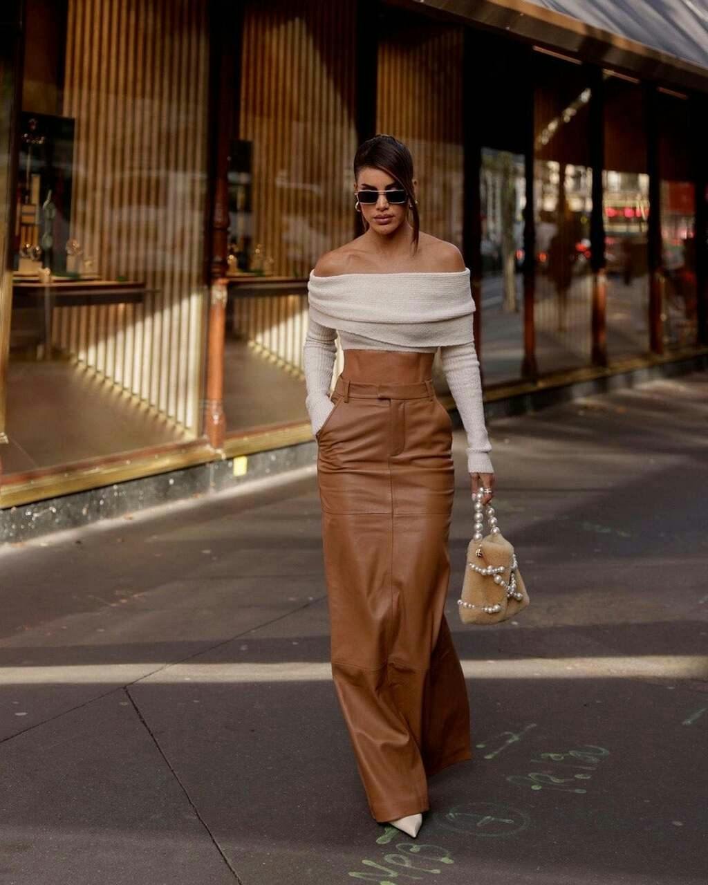 High-Waisted Brown Leather Maxi Skirt with an Off-the-Shoulder Top — Leather Skirt Outfits