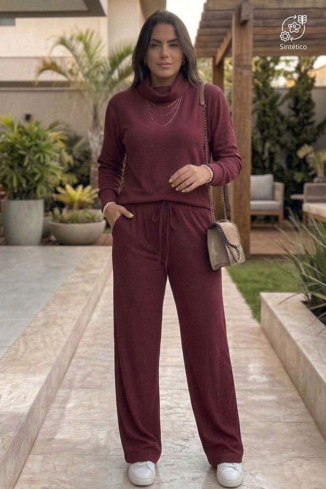Burgundy Knit Turtleneck Set with Layered Necklaces — Knit Set Outfits