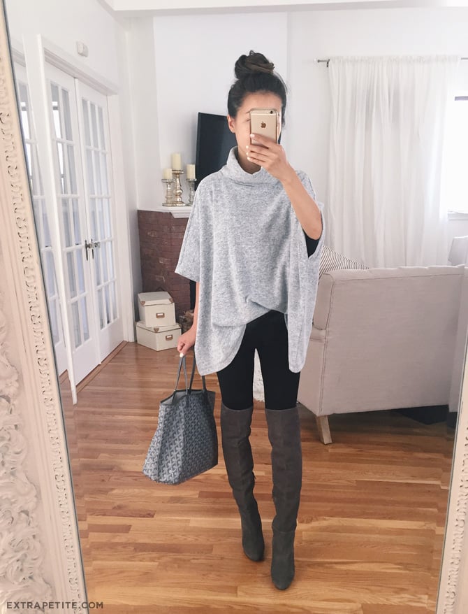 Grey Over-the-Knee Boots with Black Leggings and Oversized Poncho — Over the Knee Boots Outfits