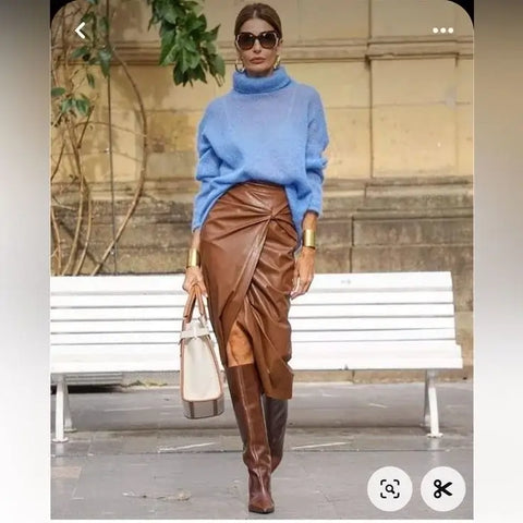 Fashion-Forward Knit and Leather Skirt with Brown Knee-High Boots Fashion-Forward Knit and Leather Skirt with Brown Knee-High Boots — Brown Boots Outfits