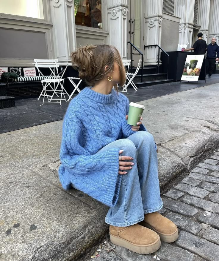 Light Blue Cable Knit Sweater with Wide-Leg Jeans and Slippers — Oversized Sweater Outfits