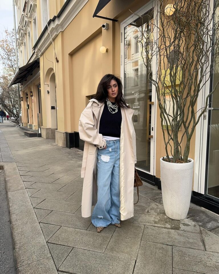 Beige Trench Coat with Wide-Leg Jeans — Classy Winter Outfits