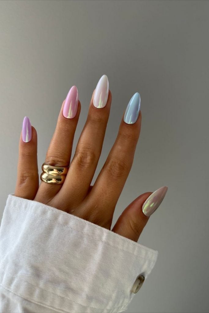 Iridescent Pastel Chrome Almond Nails — Pastel Winter Nails
