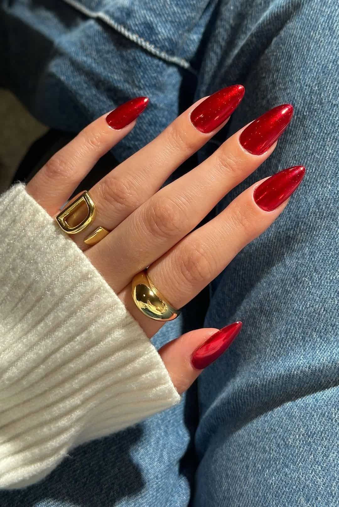 Mirror Finish Metallic Red Chrome Stilettos Mirror Finish Metallic Red Chrome Stilettos — Winter Red Nails