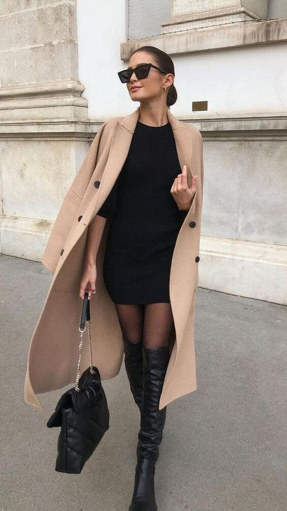 Camel Coat Over Mini Dress: Classic Winter Elegance — Comfy Winter Outfits