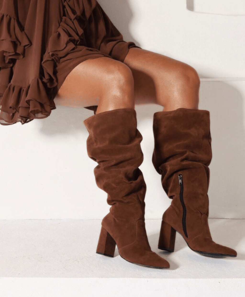 Brown Suede Slouchy Boots with Ruffled Dress — Slouchy Boots Outfits