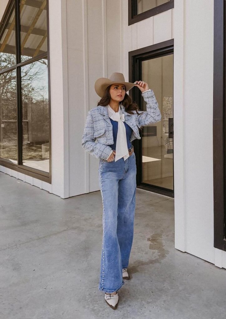 Pearl-Embellished Jeans and Denim Shirt with Cowboy Hat — Nashville Winter Outfits
