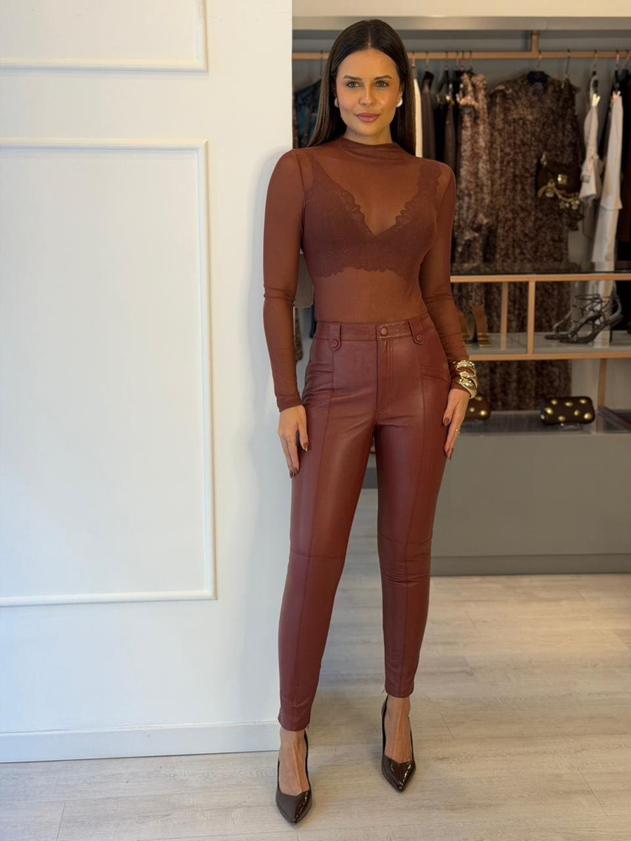 Burgundy Leather Pants with a Sheer Lace Top for Evening Elegance — Leather Pants Outfits