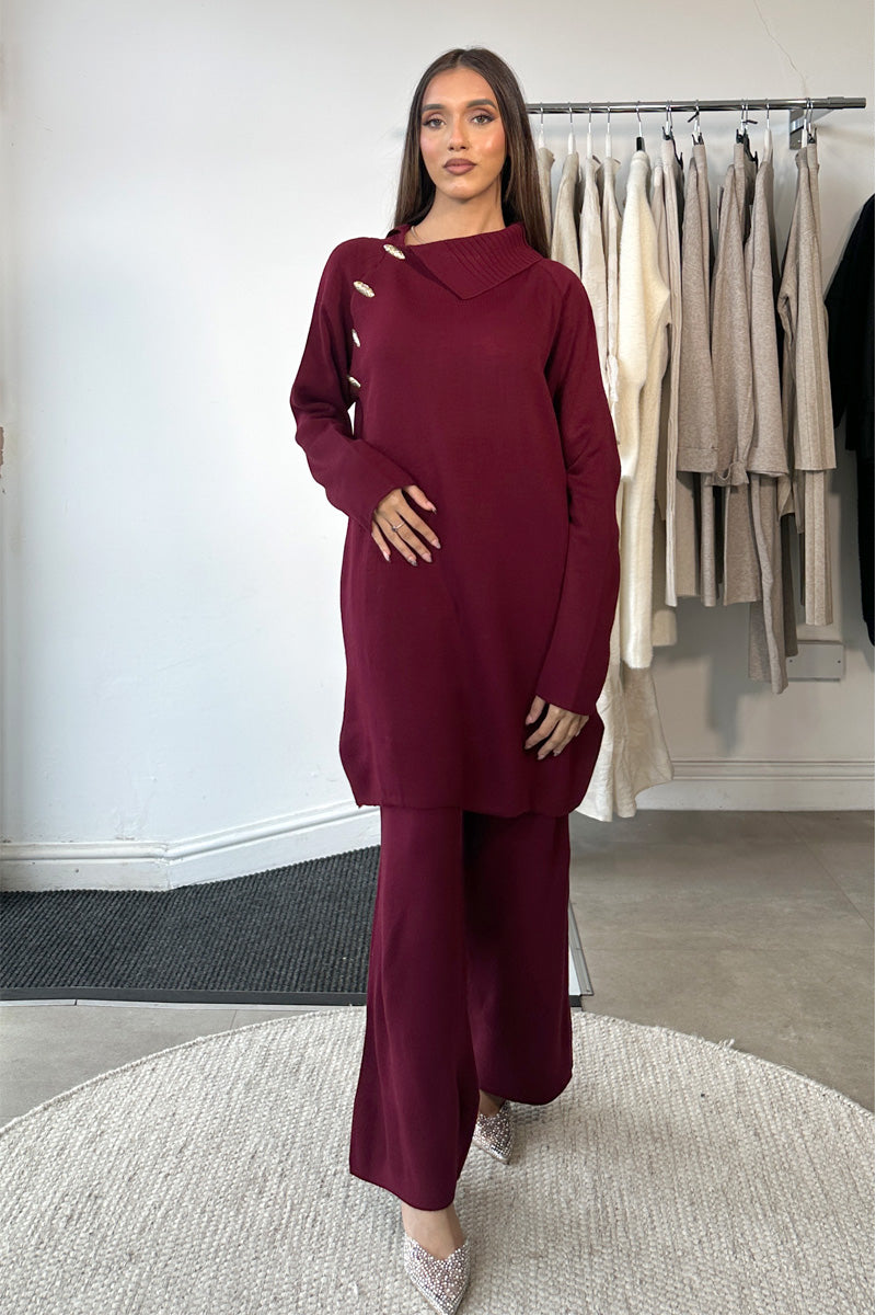 Cozy Burgundy Knit Set with Gold Button Detail — Burgundy Outfits