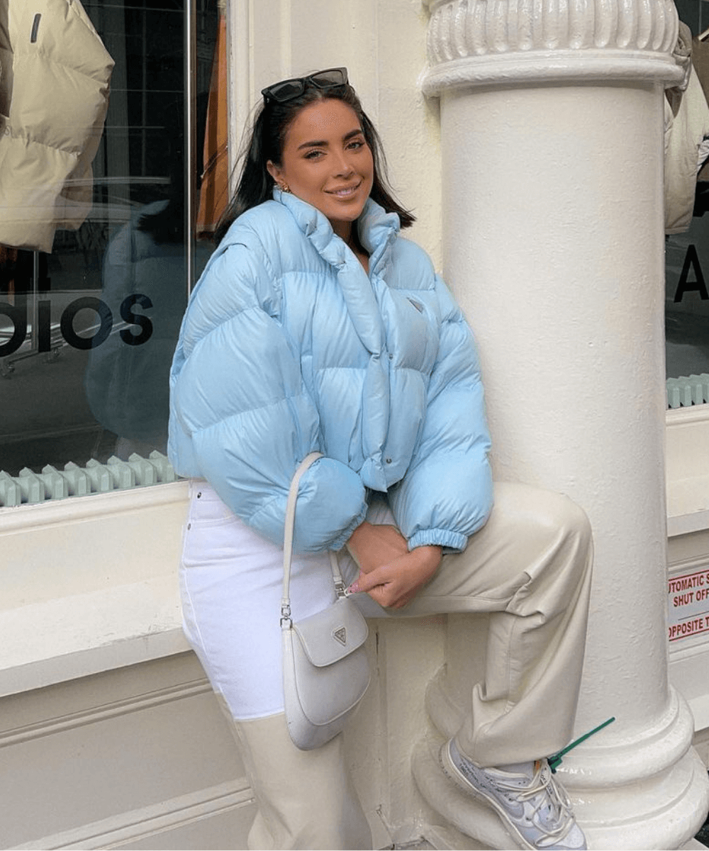 Light Blue Cropped Puffer with Cream Trousers — Winter Puffer Jacket Outfits