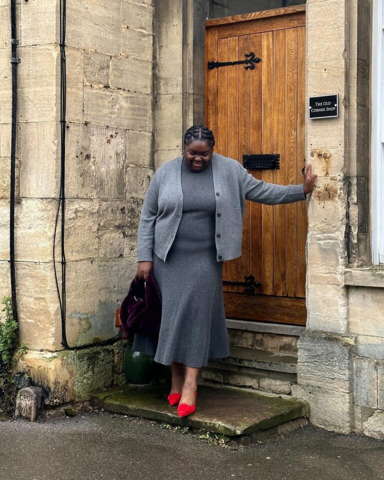Grey Knit Midi Dress with a Pop of Red Heels — Winter Dress Outfits