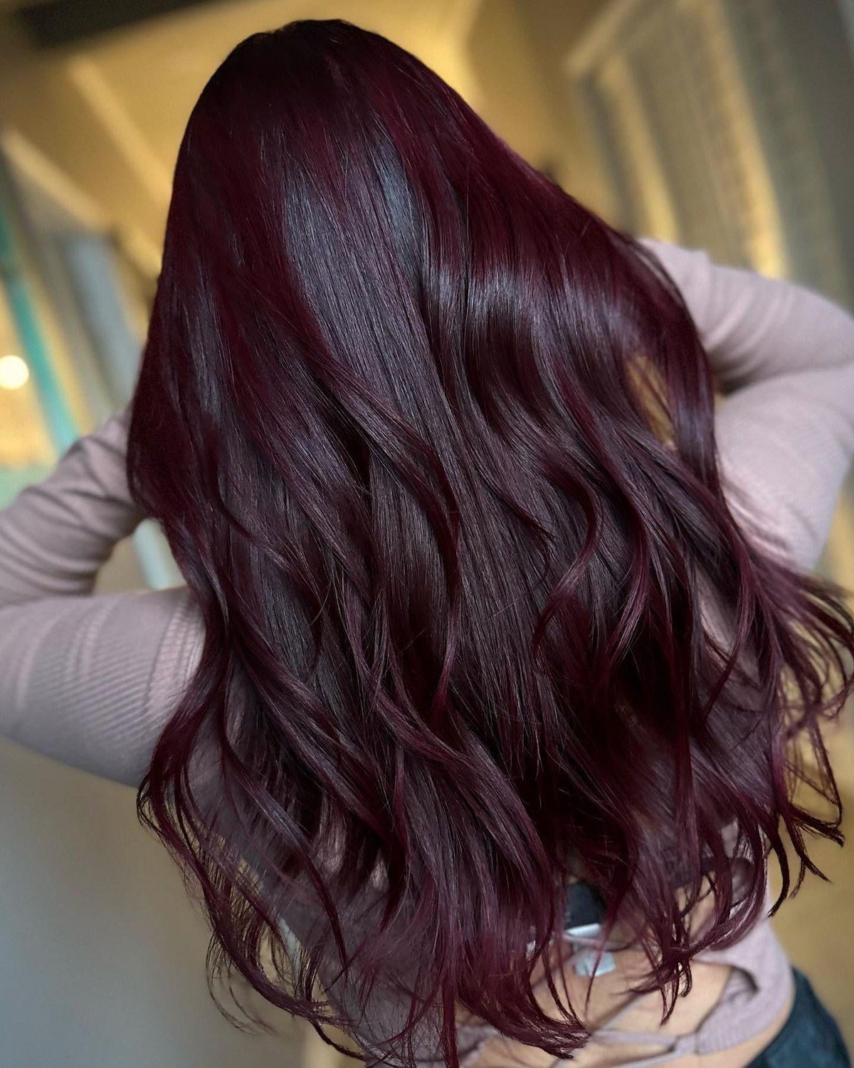 Thick Wavy Mid-Back With Violet Hints — Burgundy Hair Color